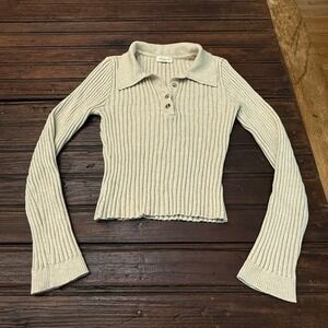 Promesa Ribbed Knit Polo Sweater Beige Long Sleeve Henley Top Small